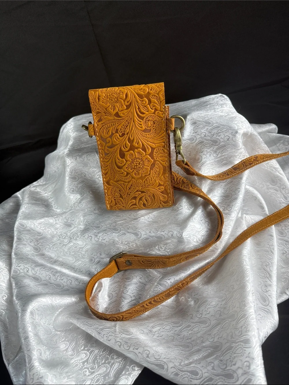 Tooled Leather Crossbody Phone Pouch - Mustard Tan